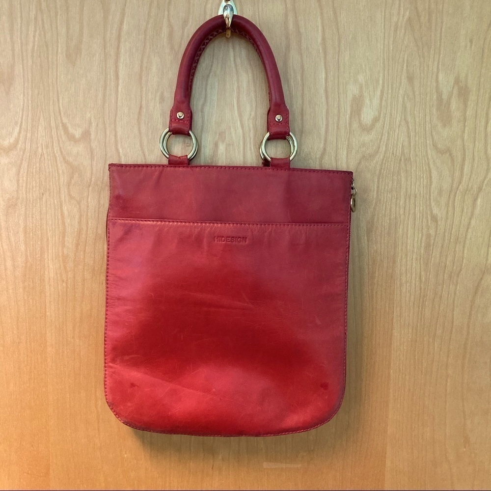 HIDESIGN Red & Teal Side Zipper Magnet Closure Tote Soft Leather